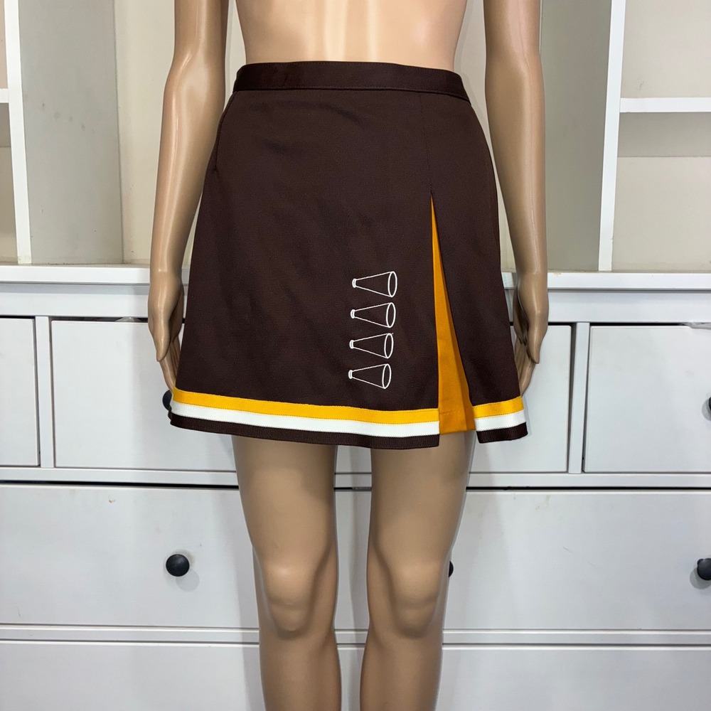 Brown Cheerleader Skirt Megaphone Trim Yellow Stripe costume Size SM